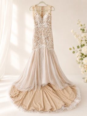 Galina Signature Wedding Dress Size 4 Ivory Blush Lace Mermaid Gown